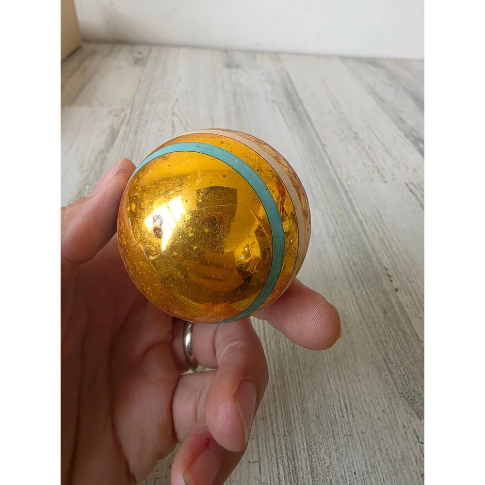 Vintage shiny Brite copper striped glass ornament green pink Xmas tree